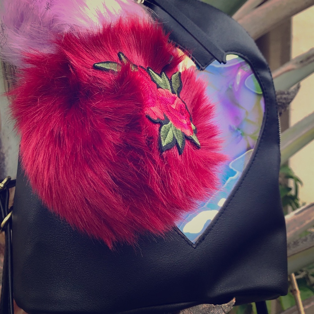 Black Mini Backpack Heart Shape with Fuzzy Puffy